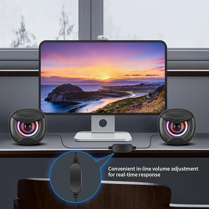 Elimavi USB Computer Speakers, 3.5mm Aux Speaker and USB Powered Interface are Suitable for Desktop Laptop Monitor, Owl Eye Design, Includes a USB-C Adapter, Colorful Lights
