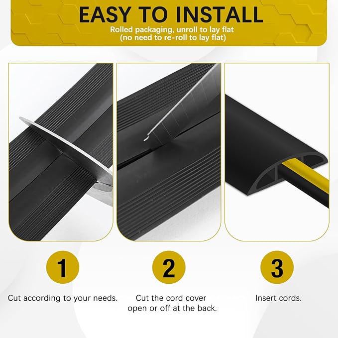 JAHOMFAI Floor Cord Cover 10FT Cord Covers for Wires on Floor Protect Wires & Prevent Trip Hazards, Easy to Cut for Home, Office, School, Concerts, Cavity W0.6in x H0.32in