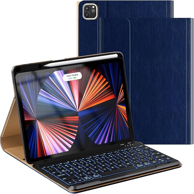 PU Leather Keyboard Case for iPad Air 5th/4th Generation 10.9 Inch & Pro 11 Inch 1st-4th Gen, 7-Color Backlit BT Folio Keyboard with Pencil Holder, Compatible with iPad Air 11 Inch M2 (NavyBlue)