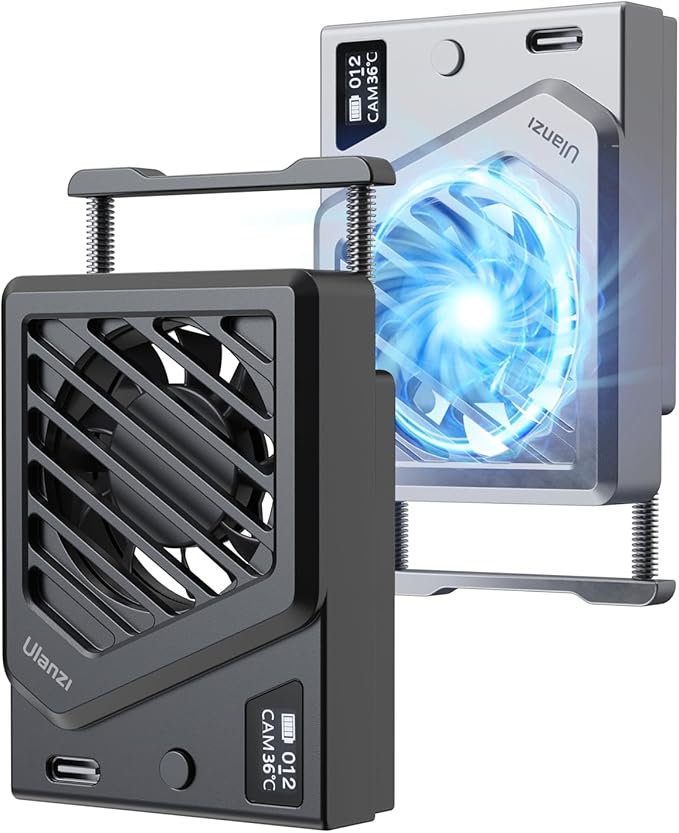 ULANZI Camera Cooling Fan with Spring Telescopic Mount, Intelligent Real-Time Temperature Monitoring & Type-C Charging, Adjustable Mini Fan for Sony Canon FUJIFILM Nikon Video Recording