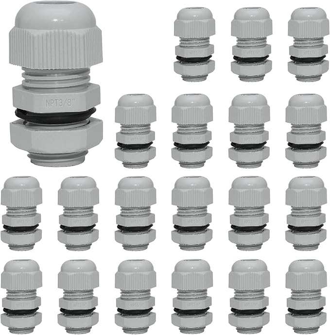 Bonsicoky 20 Pcs 3/8" NPT Nylon Cable Glands, IP68 Waterproof Adjustable Cord Grip Cable Connector Strain Relief Wire Protectors for 5-9mm Cable Diameter, Grey