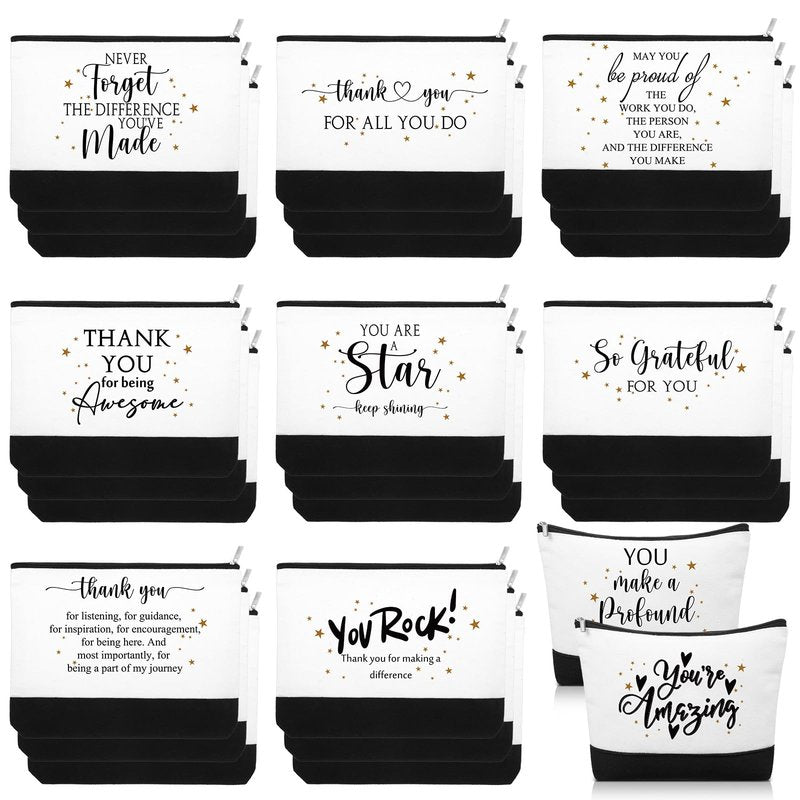 Cunno 30 Pcs Employee Appreciation Gifts Inspirational Canvas Makeup Bags Bulk Cosmetic Pouch with Zipper Travel Toiletry Organized for Women Coworkers Staff, 6 Style(Classic)