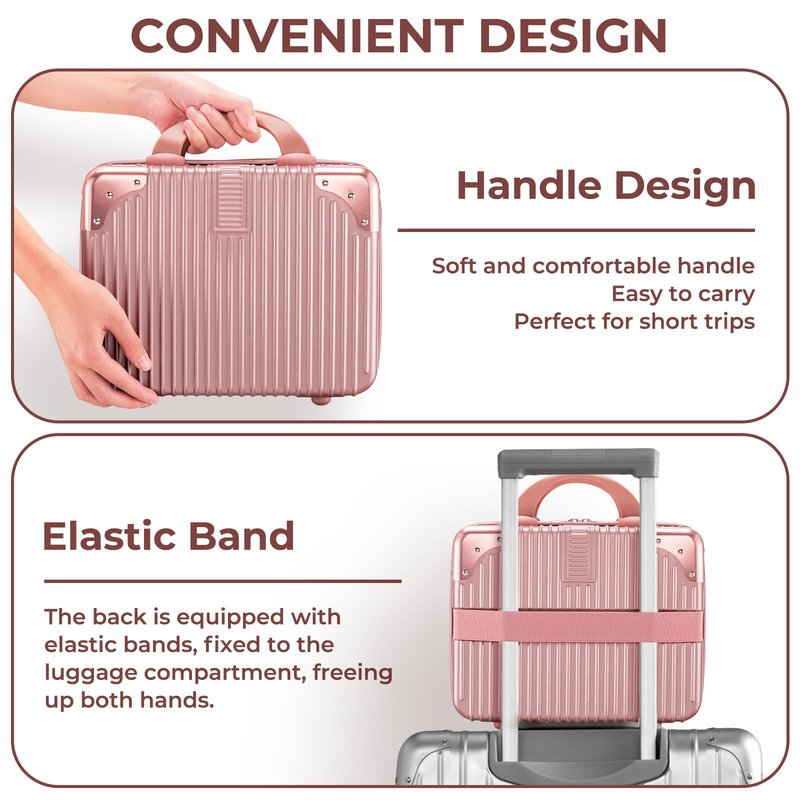 Noverlife 14 Inch Portable Makeup Travel Case Hand Luggage, Pressure-proof ABS Carrying Makeup Case Suitcase with Elastic Band, Small Hard Shell Cosmetic Case for Travel Camping Women Girl - Rose Gold