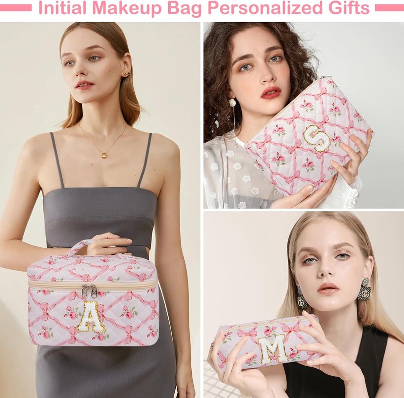 Personalized Initial Makeup Bag Set - Large Floral Quilted Cosmetic Bag for Women | Cute Cotton Travel Toiletry Bag