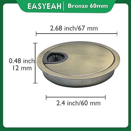 EASYEAH 2 Pcs Desk Grommet 2-3/8" / 60 mm, Desk Cord Hole Cover, Cable Grommet Metal Zinc Alloy Materilal, Desk Hole Grommet for Home & Office Pc, Detachable Cable Cord Organizer-Bronze