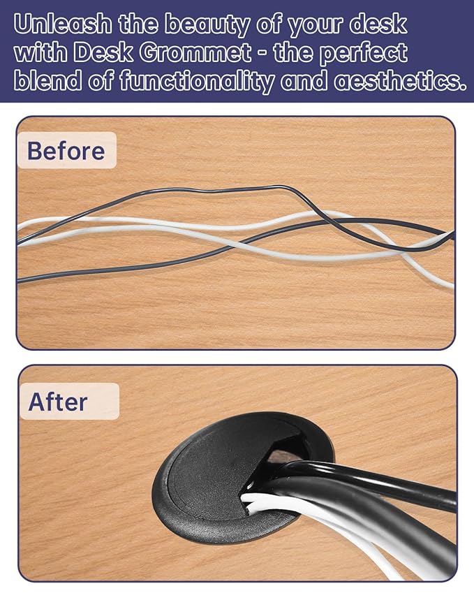 Desk Grommet & Cable Grommet 2 Inch (10 Pack) - Black Desk Hole Cover with Hole Saw - Cable Management Kit for Office, TV Stand, Workstation - Hide Wires Behind Wall, Cable Pass Through (50mm)