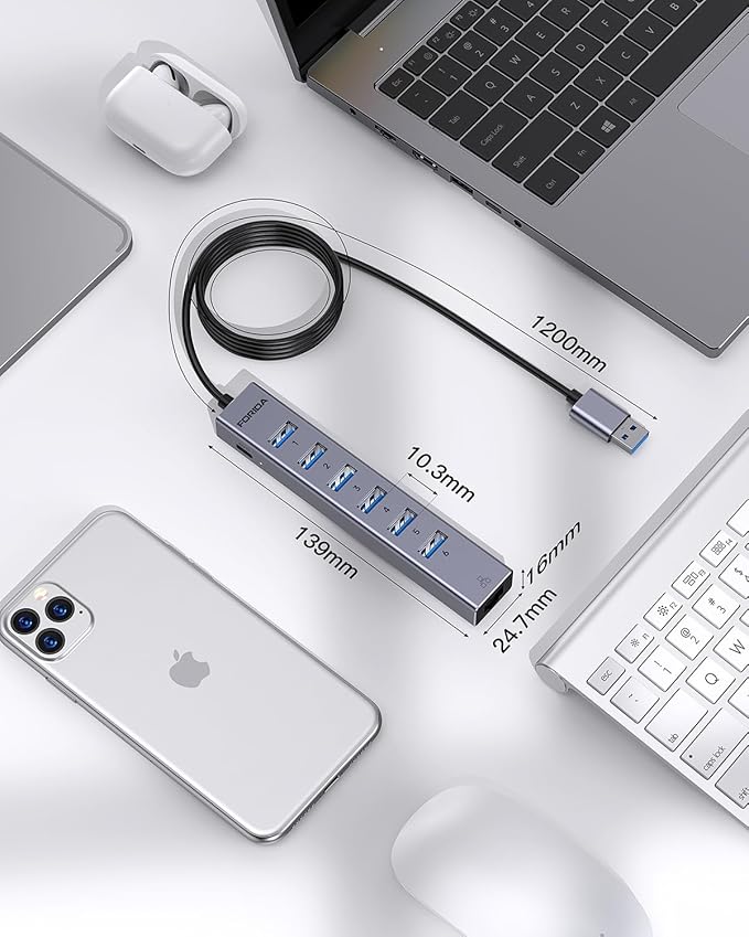 FORIDA Aluminum USB to Ethernet Adapter with 7-Port USB Hub – 3.9ft Long Cable, Gigabit Ethernet Port, 5V/3A Power Port | USB Extender Compatible with Windows, macOS, Linux & More