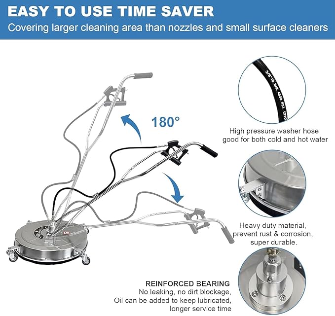 Pressure Washer Surface Cleaner, Stainless Steel Power Washing Equipment, 4900psi High Pressure Washing, Patio Driveway Cleaning Tools, Adjustable Handle Washer