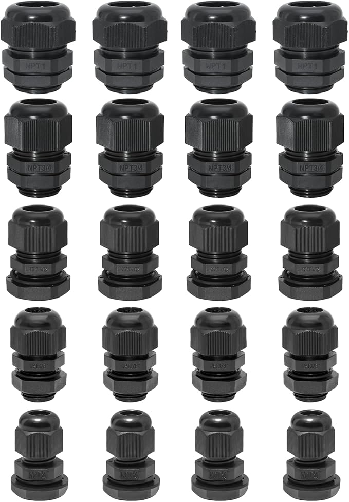 Bonsicoky 20 Pcs Nylon Cable Gland Kit, IP68 Waterproof Adjustable Cord Grip Cable Connector Strain Relief Wire Protectors, 1/4" 3/8" 1/2" 3/4" 1", Black