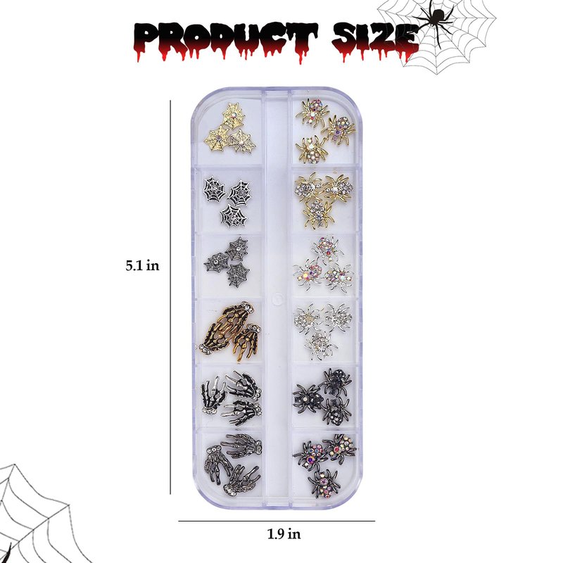 Halloween Nail Charms 3D Spider Hand Alloy Nail Art Supplies Black Gold Silver Charms Nail Jewelry for Women Halloween DIY Nail Art Decoration Accessories 36Pcs