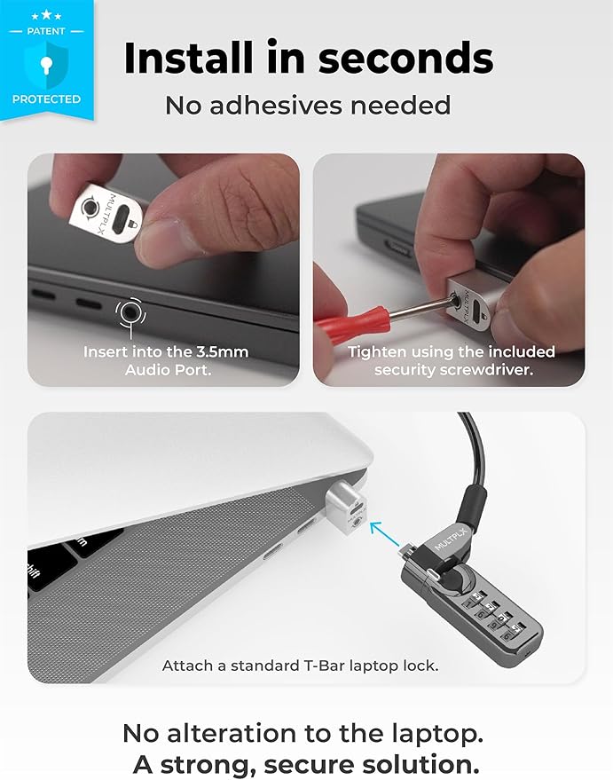 Multplx Laptop Lock Adapter for Security Lock | Adds Security Slot To Any Laptop inc MacBook | Use With Standard T-Shaped Bar Cable Locks | No Adhesive Needed