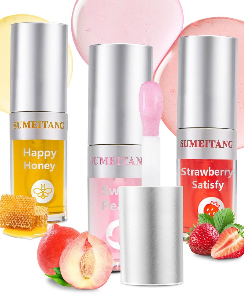 SUMEITANG 3Pcs Hydrating Lip Oil Setï¼Non-sticky Lip Oils Gloss Lip Balm Lip Careï¼Deeply Nourishing and Repairing Prevents Lips Chapped and Lighten Lip Lines(Honeyï¼Peachï¼Strawberry)