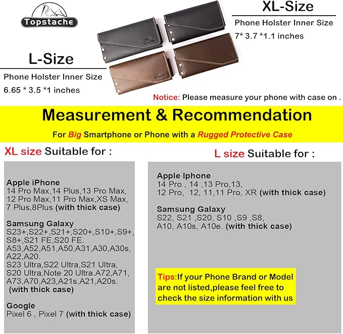 Topstache Leather Phone Holster with Belt Clip for iPhone 17/16 Pro Max & Plus - Leather Belt Card Holder for Galaxy S25/S24/S23 Ultra - Cell Phone Pouch - Fit Protective Cover on, XL,Black