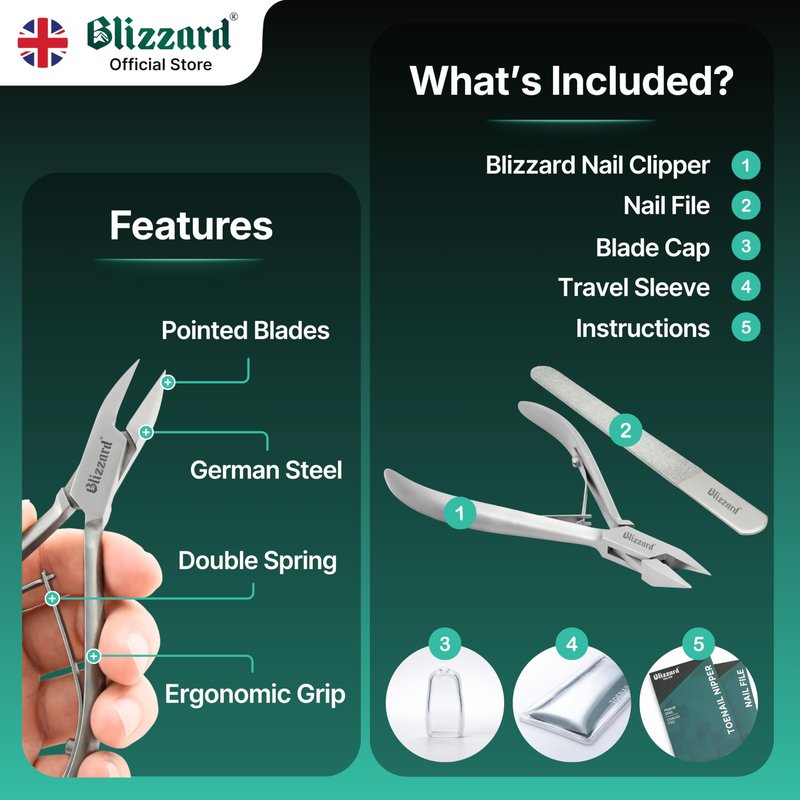 Blizzard Ingrown Toenail Clippers - Podiatrist Toenail Clippers for Thick Nails for Seniors - Ingrown Nippers for Men - German Steel Podiatry Tool with Toenail File - 13cm Arrow Head