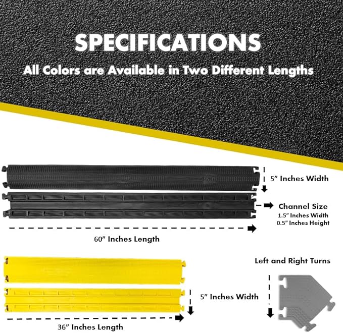 Kable Kontrol Drop Over Floor Cord Cover – 36” Inch Long 1 Channel Cable or Wire Protector – 60 Pcs Bulk Pack - Rubber Ramp for Indoor and Outdoor Use – Yellow