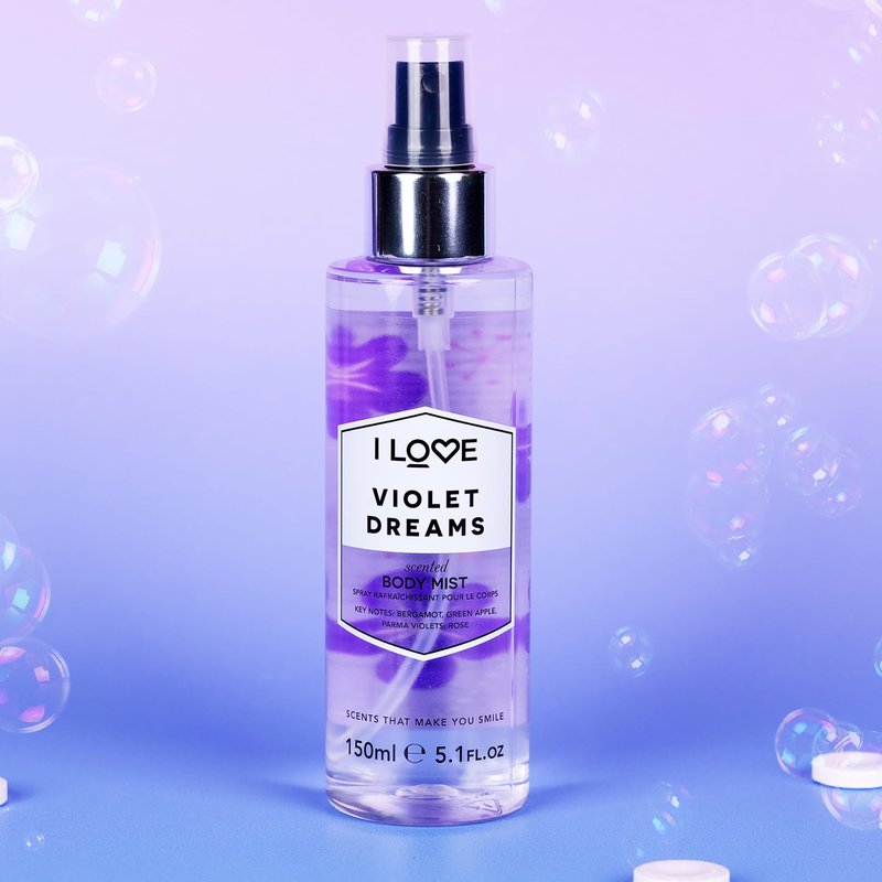 I Love Cosmetics Body Mist Gift Set - Glazed Raspberry, Violet Dreams, English Rose, Vanilla Milk, and Exotic Fruit - Long Lasting Body Sprays - 5 pc