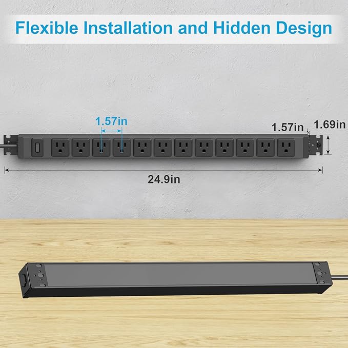 HHSOET 360° Rotating 12 Outlet Mountable Power Strip, Aluminum Alloy Long Power Strip,1200J, Heavy Duty Wall Mount Surge Protector with Switch, 6ft Power Cord.