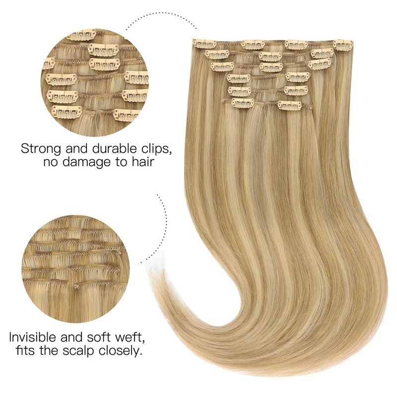HOTBANANA Human Hair Clip in Hair Extensions, Balayage Light Blonde Highlighted Golden Blonde (Ash Tone) 120g Clip in Hair Extensions Real Human Hair Straight Remy 14 Inch 7pcs