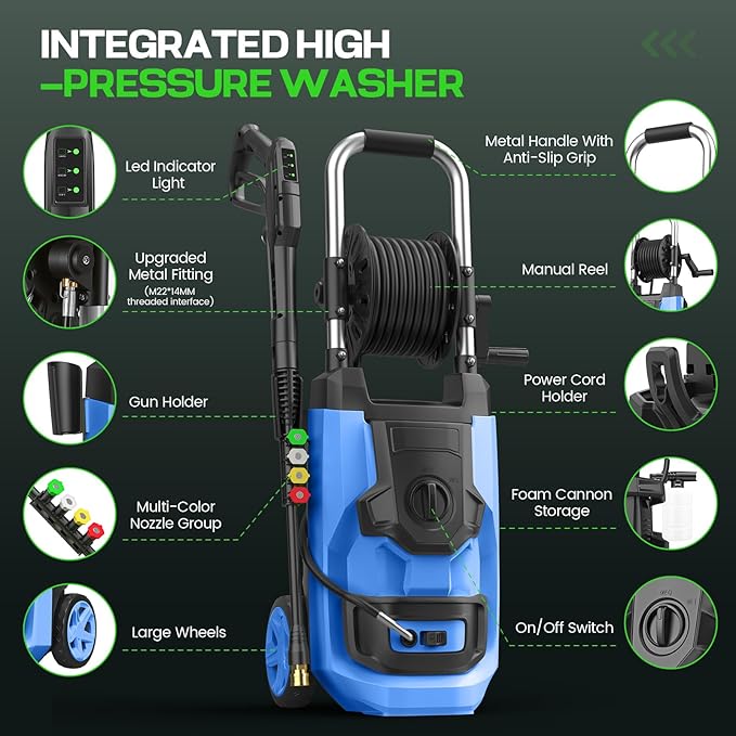 commowner𝐏𝐨𝐰𝐞𝐫 𝐖𝐚𝐬𝐡𝐞𝐫 𝟓𝟎𝟎𝟎𝐏𝐒𝐈 Portable with 20FT Pipe, 4 Nozzle Set for Home/Cars/Fences/Windows, Blue