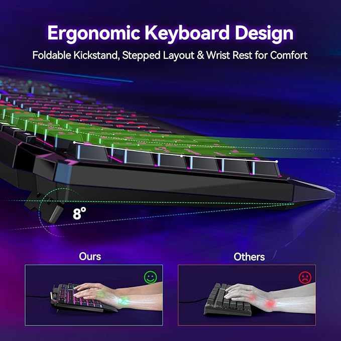 TECKNET Wired RGB Gaming Keyboard - 26-Key Anti-Ghosting, 13 Lighting Modes, Spill-Resistant, 108 Membrane Keys, Plug & Play - with Ergonomic Wrist Rest & Phone Holder for Windows/Mac (Black)