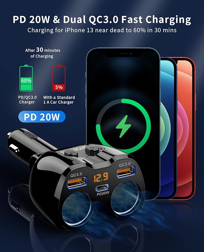 [2026 Upgraded] Cigarette Lighter Splitter, SUPERONE 180W 2-Socket Cigarette Lighter Adapter with Dual QC3.0 and 20W PD USB C Car Charger Splitter for GPS/Dash Cam/Laptop/iPad/iPhone 17/16/15/14/13/12