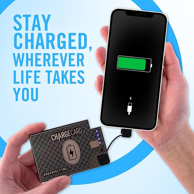 Aquavault ChargeCard (Black): Ultra-Slim 2300 mAh 1.5А Charge Card Phone Charger - Built-in Cables for iPhone & Android - Compatible with iPhone 6-17 & Android - Ultra Thin Power Bank Fits in Wallet