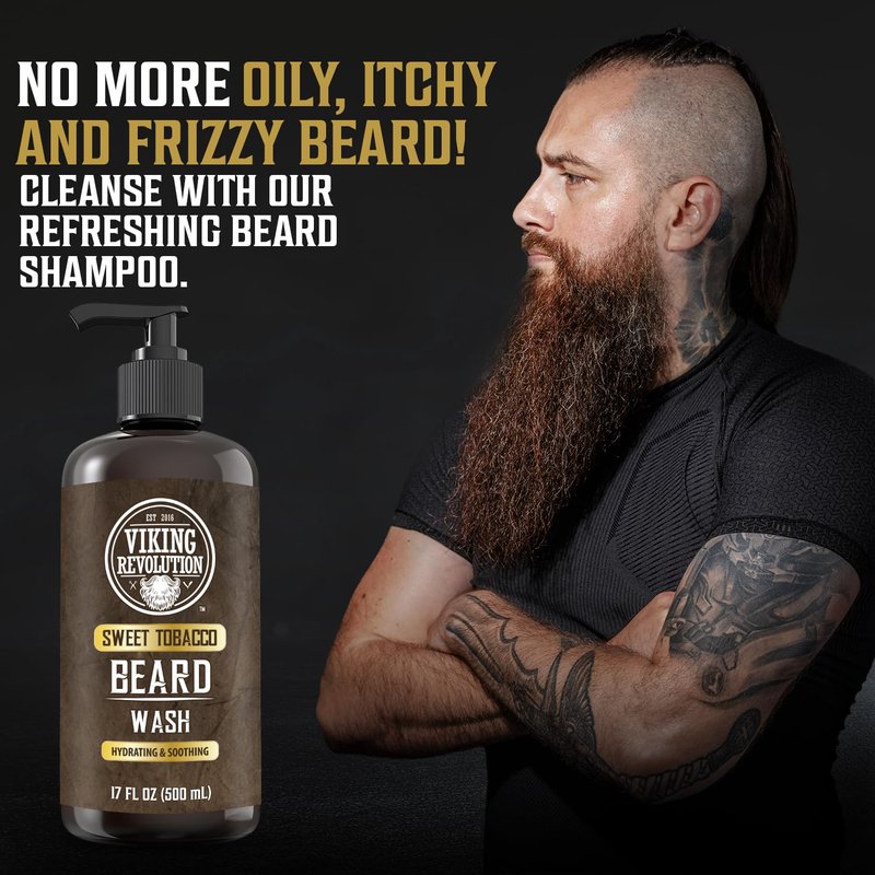 Viking Revolution Beard Wash & Conditioner for Men | Argan & Jojoba Oil - 17oz Sweet Tobacco Beard Softener