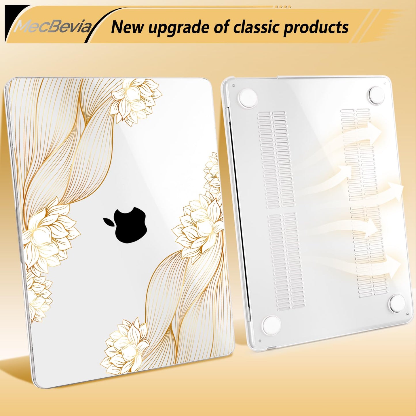 MecBevia Compatible with MacBook Air 13.6 inch Case, M4 A3240/M3 A3113/M2 A2681 (Released 2025 to 2022), Hard Shell, Keyboard Cover, Screen Protector, Webcam Cover & Type-C Adapter, Gold Lace Flower