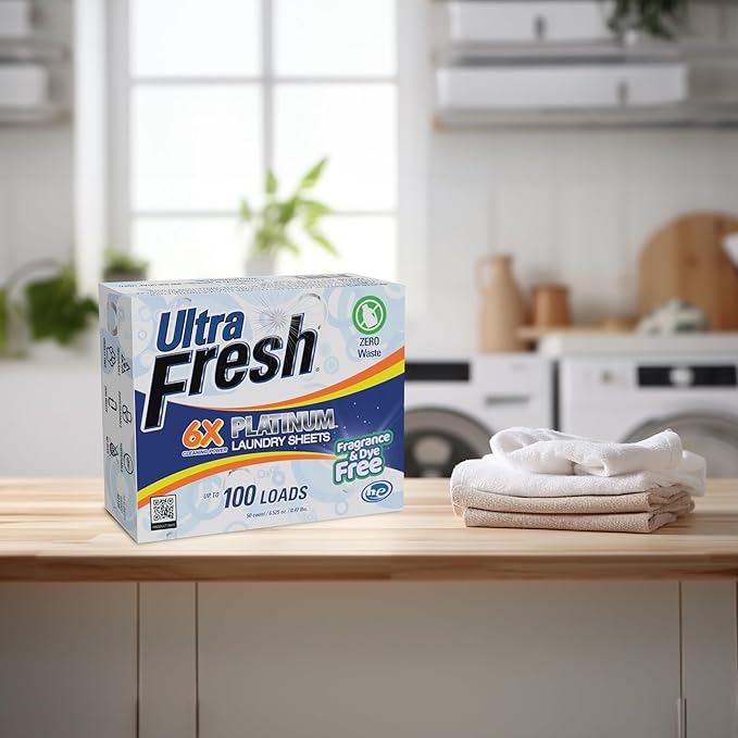 Ultra Fresh 50 Count Laundry Detergent Sheets for All Machine Types, 6X Platinum, Up to 100 Loads, Fragrance Free and Dye Free