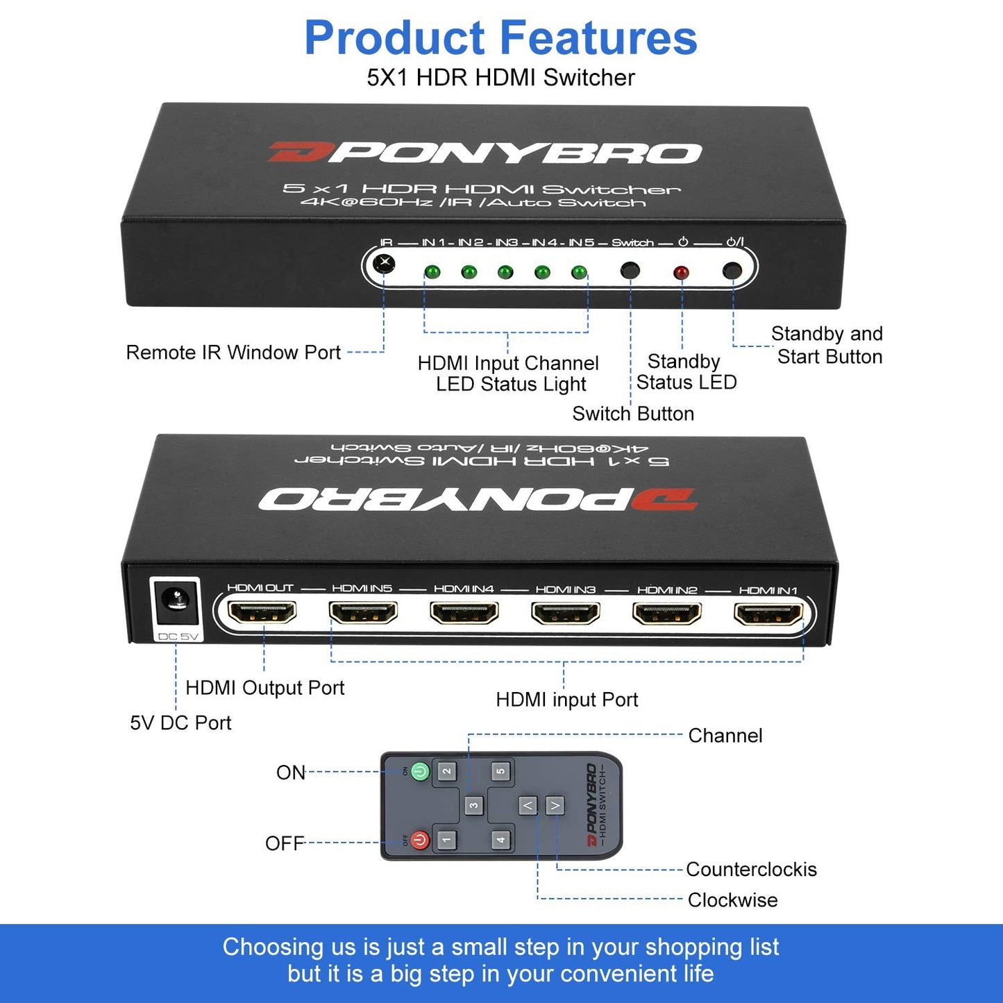 PONYBRO HDMI 2.0 Switch 5 Port 4K@60Hz Auto-Switching – 5 in 1 Out with Remote, HDR10, 3D, Ultra HD for PS5/Xbox/PC/Fire TV, Zero Delay