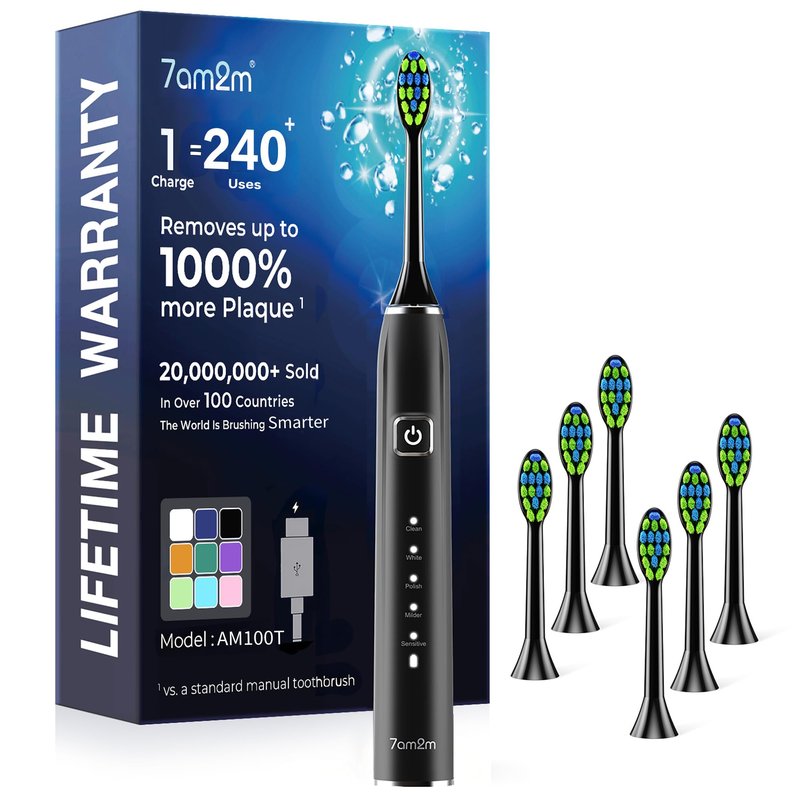 7AM2M Sonic Electric Toothbrush for Adults&Kids, Type-C Charging Run for 120 Days, with 6 Brush Heads, 5 Modes&40000VPM Powered Rechargeable Toothbrush, Travel & Home Use (Black)