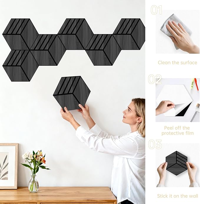 Mollywell Acoustic Panels, PVC Wood-Grain, 14x12 Inch Hexagon Carved Sound Proof Wall Tiles, Self-Adhesive High Density Felt for Home Theater/Studio/Office Echo Reduction, 12 Pack Black Oak, S4