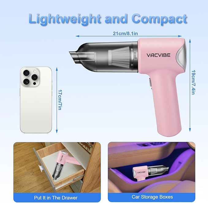 Vacvibe Handheld Car Vacuum Cleaner, 21000PA 4 in 1 Portable Rechargeable Brushless Motor Mini Cordless Car Cleaner, 120W High Power with Multi-Nozzles for Home Office Pet, Present for Girl Women Pink