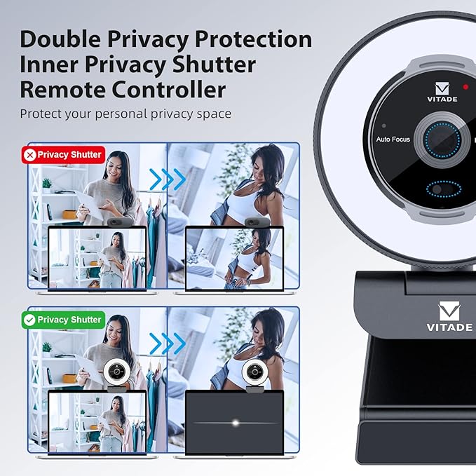 Vitade Zoomable Webcam with Remote Control, 1080P 60FPS Streaming with Ring Light and Microphone, Pro USB Webcam with 5X Digital Zoom and Privacy Cover for Zoom/Skype/Teams/PC/Laptop/Mac