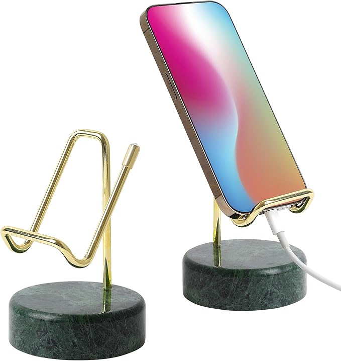 TransMarble Marble Phone Stand with Metal Holder, Charging Available While Using, Swipe Up to Unlock, Made of Natural Marble as Business Card Holder for Office Desk (Emerald Green + Gold)