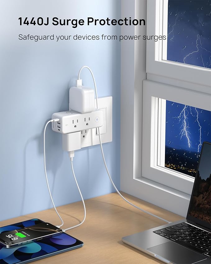 TROND Outlet Extender with 360° Rotating Plug, 6 AC Outlet Splitter with On/Off Switch, Multi Plug Adapter with PD 20W USB C, 2 USB-A & 2 USB-C, 3 Way Wall Extension Outlet for Home Office Travel