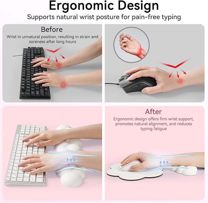 Sushret Cloud Wrist Rest for Computer Keyboard, 4-in-1 Memory Foam Leather Cloud Keyboard Wrist Rest and Mouse Pad Set with Ergonomic Support for Arm and Palm Cushion, Gaming/Work Setup, White
