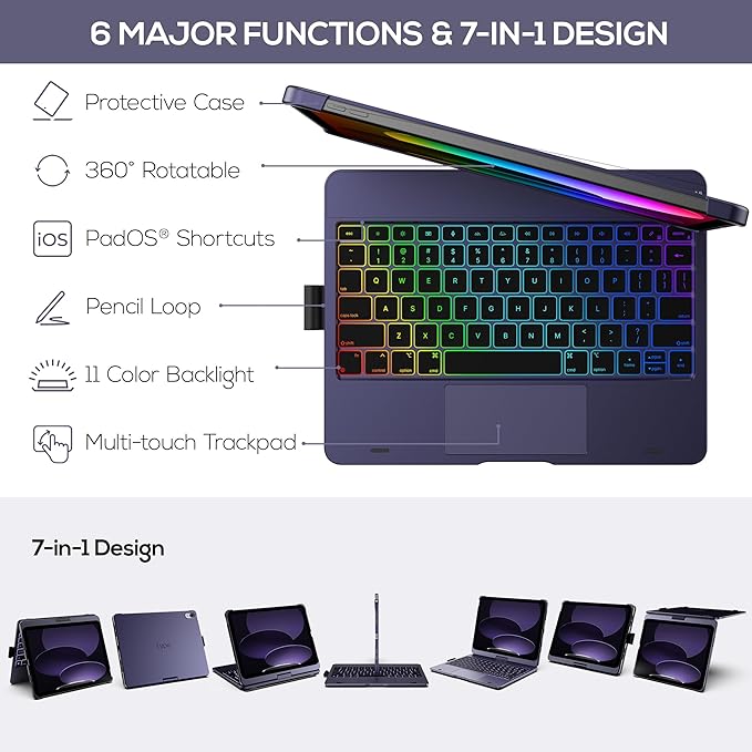 typecase Touch iPad 11th 10th Generation Case with Keyboard (11" 2025, A16 & 10.9" 2022) – 360° Rotatable, 11-Color Backlit, Multi-Touch Trackpad, Pencil Holder, Thin & Light – Midnight Amethyst