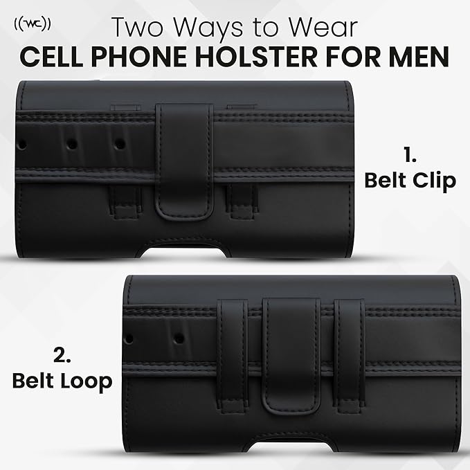 Wireless City Leather Phone Holster for iPhone 17/17 Pro, 16/16 Pro/16e, 15/15 Pro, 14/14 Pro, 13/13 Pro, 12/12 Pro, 11, XR Horizontal Belt Clip Phone Pouch Card Holder Magnetic Closure Phone Case