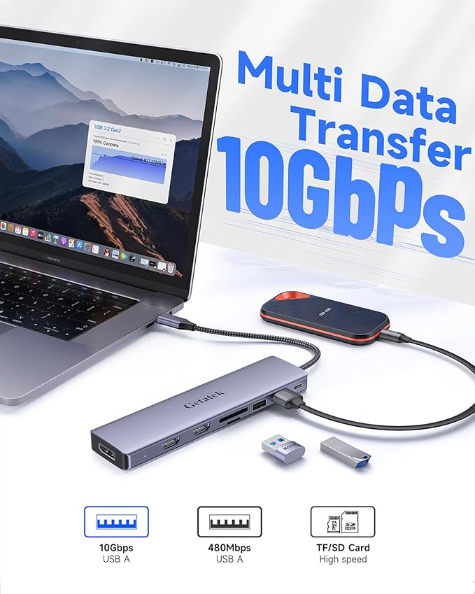 Getatek 10Gbps USB C Hub, USB-C Laptop Docking Station, 8in1 Triple Display Docking Station for Dell Hp Lenovo Surface Windows (Dual HDMI+ DisplayPort + PD3.0 100W +SD TF Card Reader +10GB USB Port)