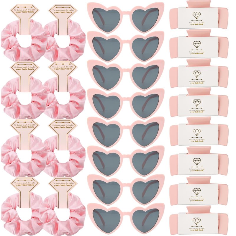 Loanzeg Bridesmaid Scrunchies Proposal Hair claws clips Set of 12 Bridal Shower heart sunglasses Gifts for Wedding Bachelorette Party Favors (24pcs Pink)