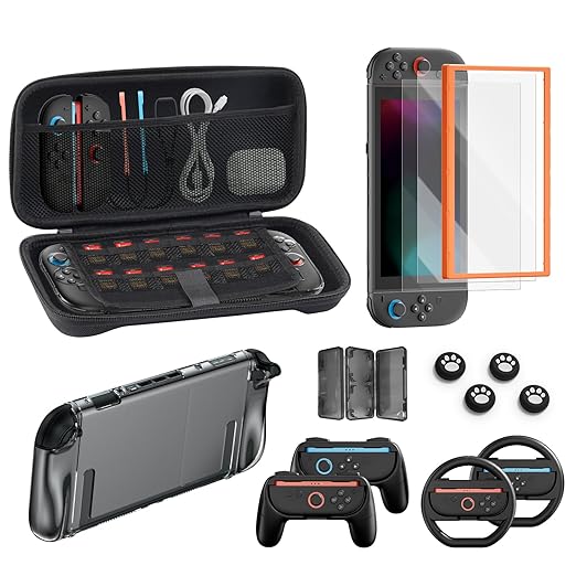 Accessories Bundle for Nintendo Switch 2, 16-in-1: Carrying Case, 2 Screen Protectors, Steering Wheel, Grip for Joycon Controller, Dockable Console Protective Cover Shell, etc. 2025 Switch2 Game Kit