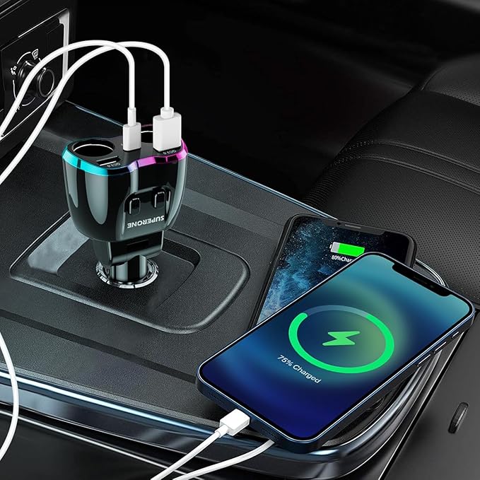 2026 Upgraded Cigarette Lighter Splitter, SUPERONE 180W 2-Socket Cigarette Lighter Adapter with Dual QC3.0 and 20W PD USB C Car Charger Splitter for GPS/Dash Cam/Laptop/iPad/iPhone 17/16/15/14/13/12