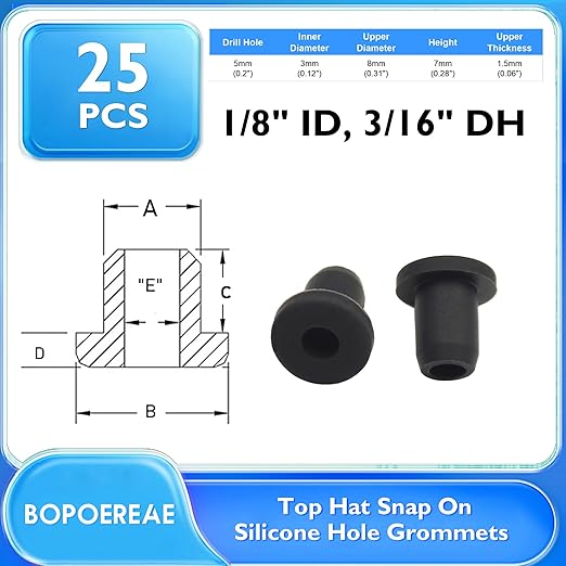 BOPOREAE 25 Pcs 3/16" Drill Hole, 1/8" ID Silicone Rubber Grommets for Wiring, Automotive Firewall Hole Plug, Small Top Hat Grommet for Vinyl Tubing in Hydroponic Irrigation System Metal Wall Drywall