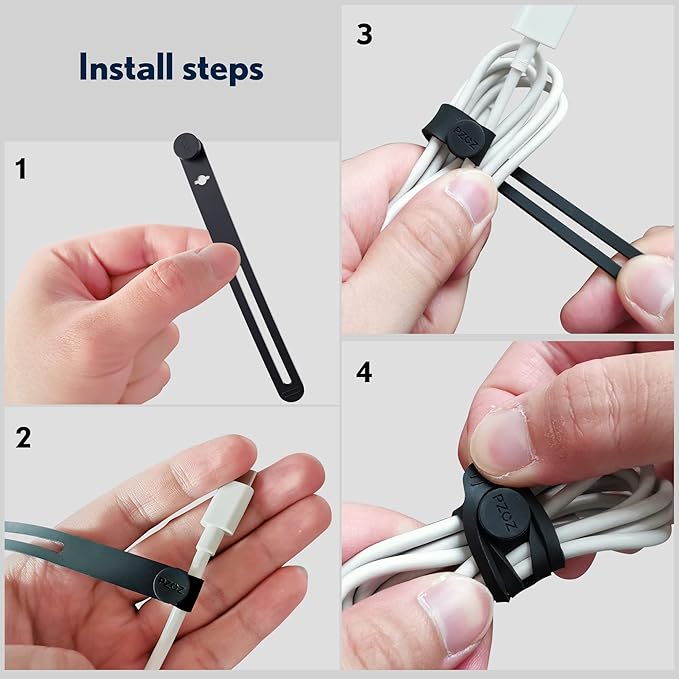 PZOZ Reusable Silicone Cable Ties 10 Pack, Durable Flexible Cable Organizer Straps for Charging Cables, Headphones & Power Cords, Cord Management for Desk, Home Office Organization (Black)