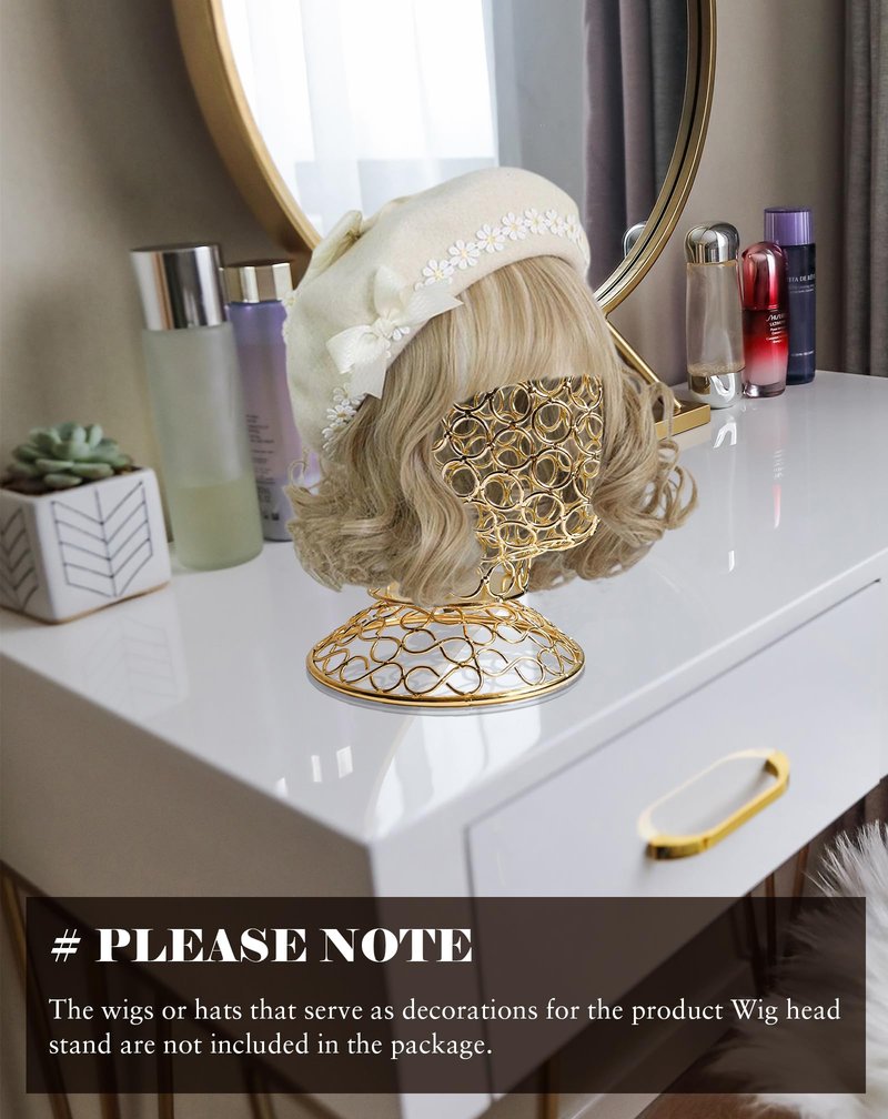 CHADWICK Wig Head Stand Metal Hollow Mannequin Head Hat Display Stand Wig Holder, Wig Display Model Head Wig Stand for Wigs, Hats, Caps, Headdress, Headphones, Dome + Detachable Stand, Chrome Gold