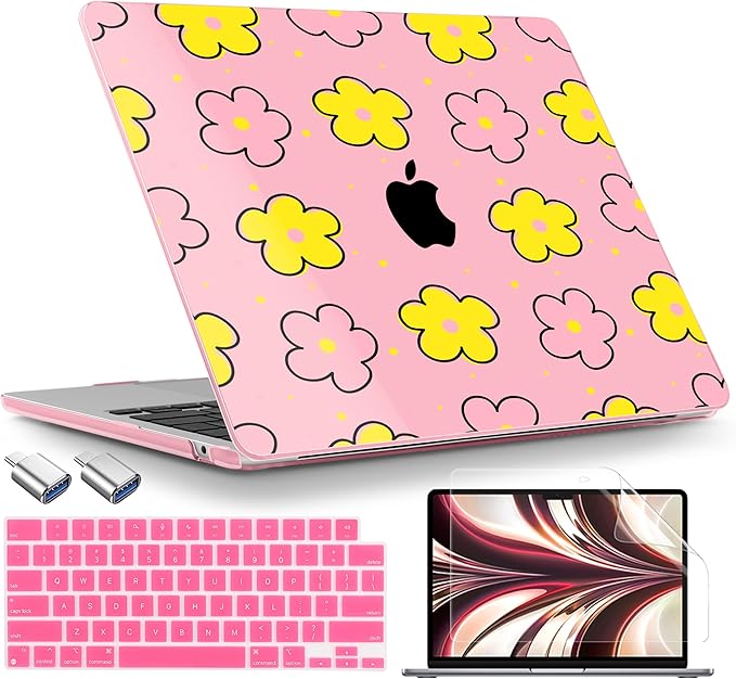 TWOLSKOO Compatible with MacBook Air 13 inch Case M5 2026 M4 2025 M3 M2 2024-2022 A3449 A3240 A3113 A2681, Plastic Hard Shell & Keyboard Cover for MacBook Air 13.6 inch Case, Cute Pink Flowers