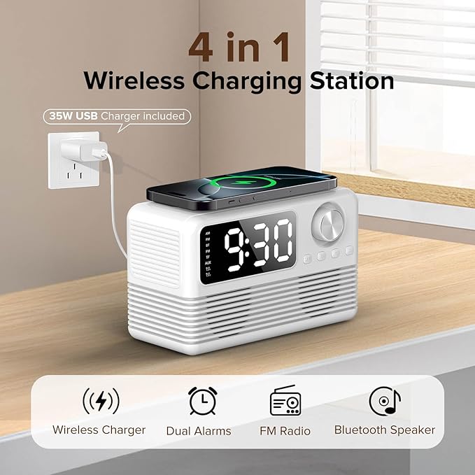 FlyShow 15W Fast Wireless Charger with Bluetooth Speaker and Alarm Clock Radio,4 in1 Wireless Charging Station for iPhone,Android Phones with FM Radio for Bedroom