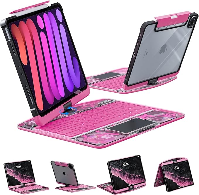 Transparent Case with Wireless Keyboard for iPad Air 13 Inch (M3/M2, 2025/2024), 7 Colors Backlight, Multi-Touch Trackpad, 360° Rotating Stand with Pencil Holder for iPad Pro 12.9 Inch (6/5/4/3 Gen)