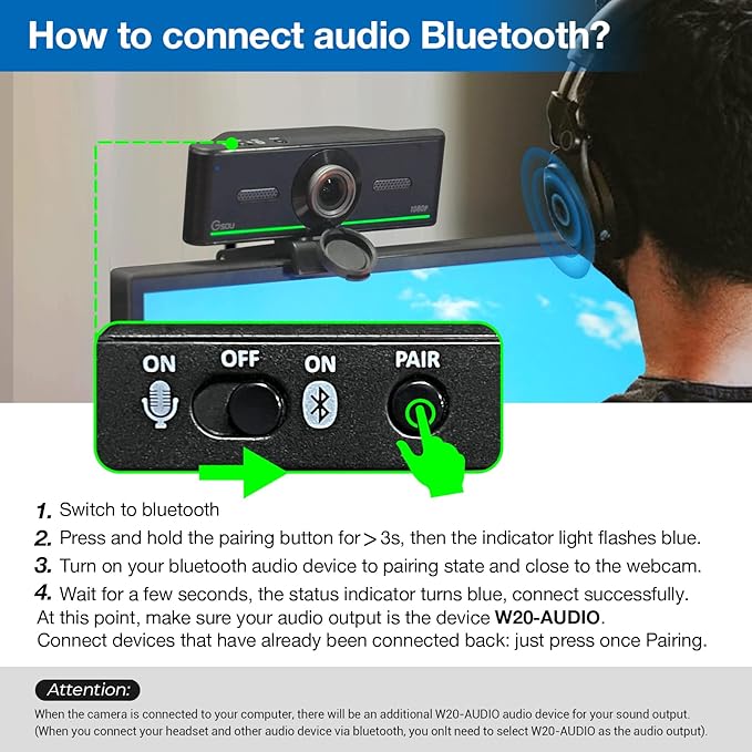 Gsou Webcam with Headset and Microphone, 1080P Webcam with Privacy Cover, Plug and Play Web Camera for Desktop Computer Zoom Meetings, Audio Bluetooth only for Headset